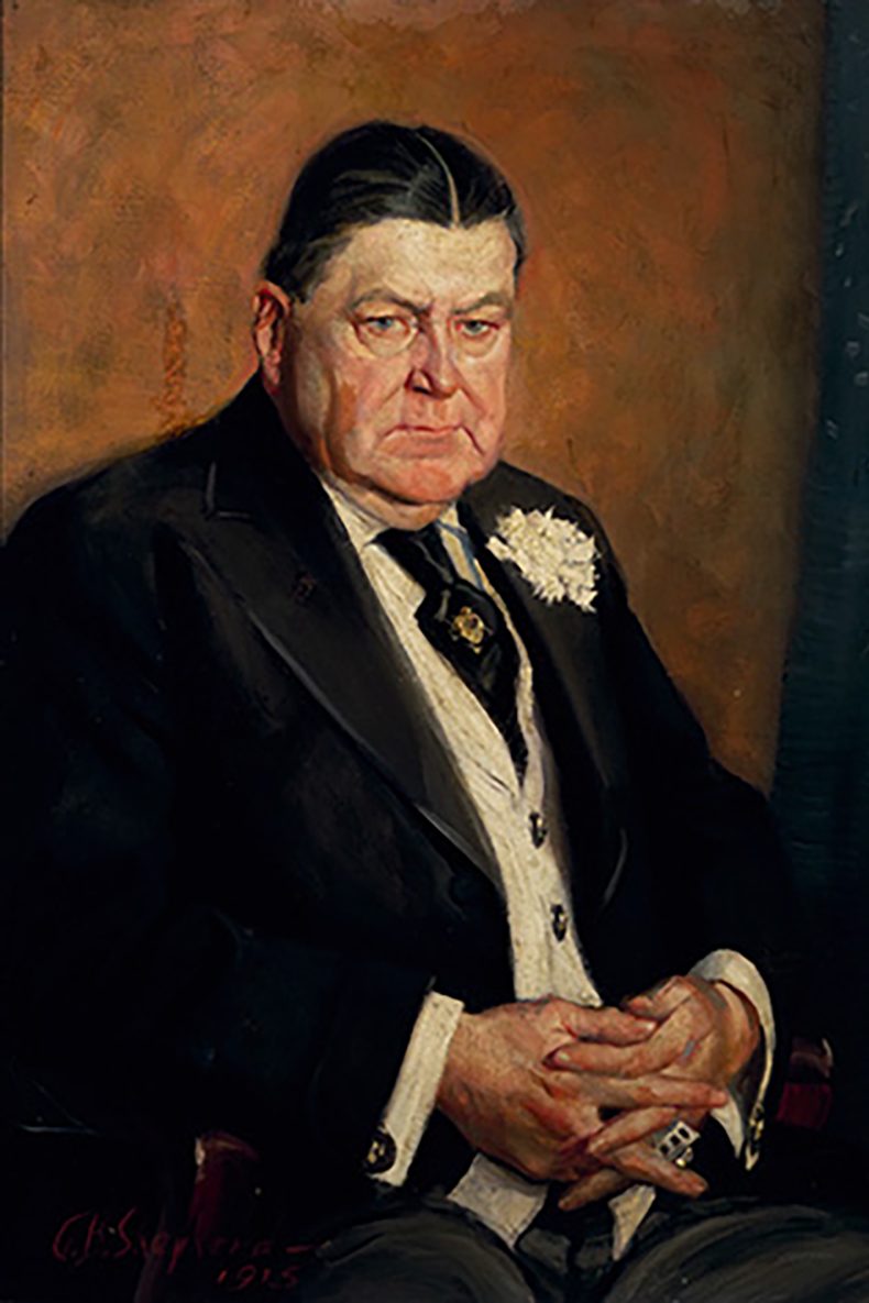 The portrait is of a man in a black suit and tie. His face is expressionless. His hands are clasped together and his chin is raised slightly. The background is dark and the colors are muted.