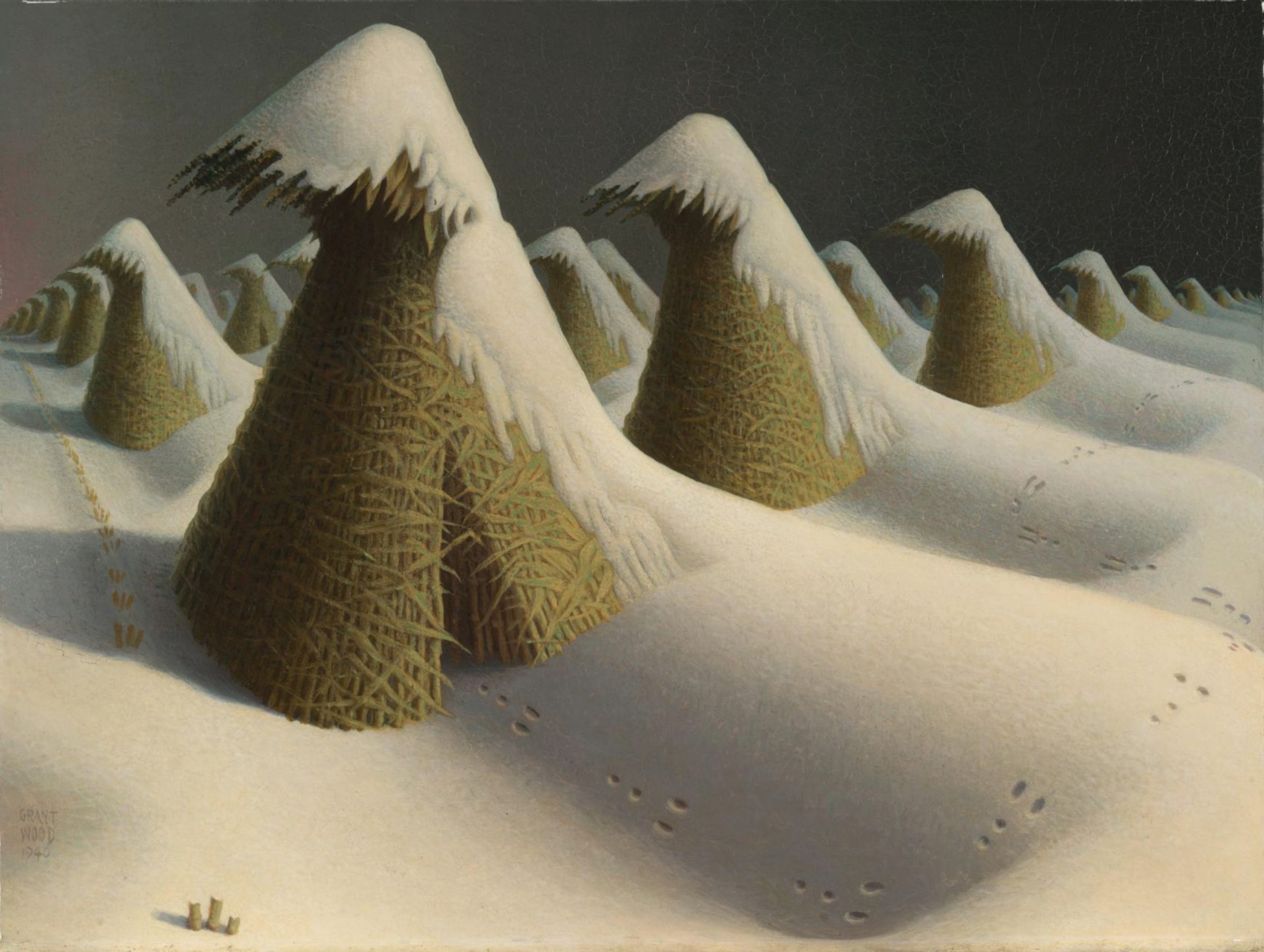 The painting depicts a serene winter landscape in the rural Midwest. A field of geometric corn shocks, burdened with snow, extends into the horizon, creating a rhythmic pattern that dominates the composition. The only sign of life is a subtle trail of rabbit tracks disrupting the uniformity of the snow-covered field. This otherwise dormant scene combines abstract design elements with a realistic portrayal of the harshness and tranquility of winter.