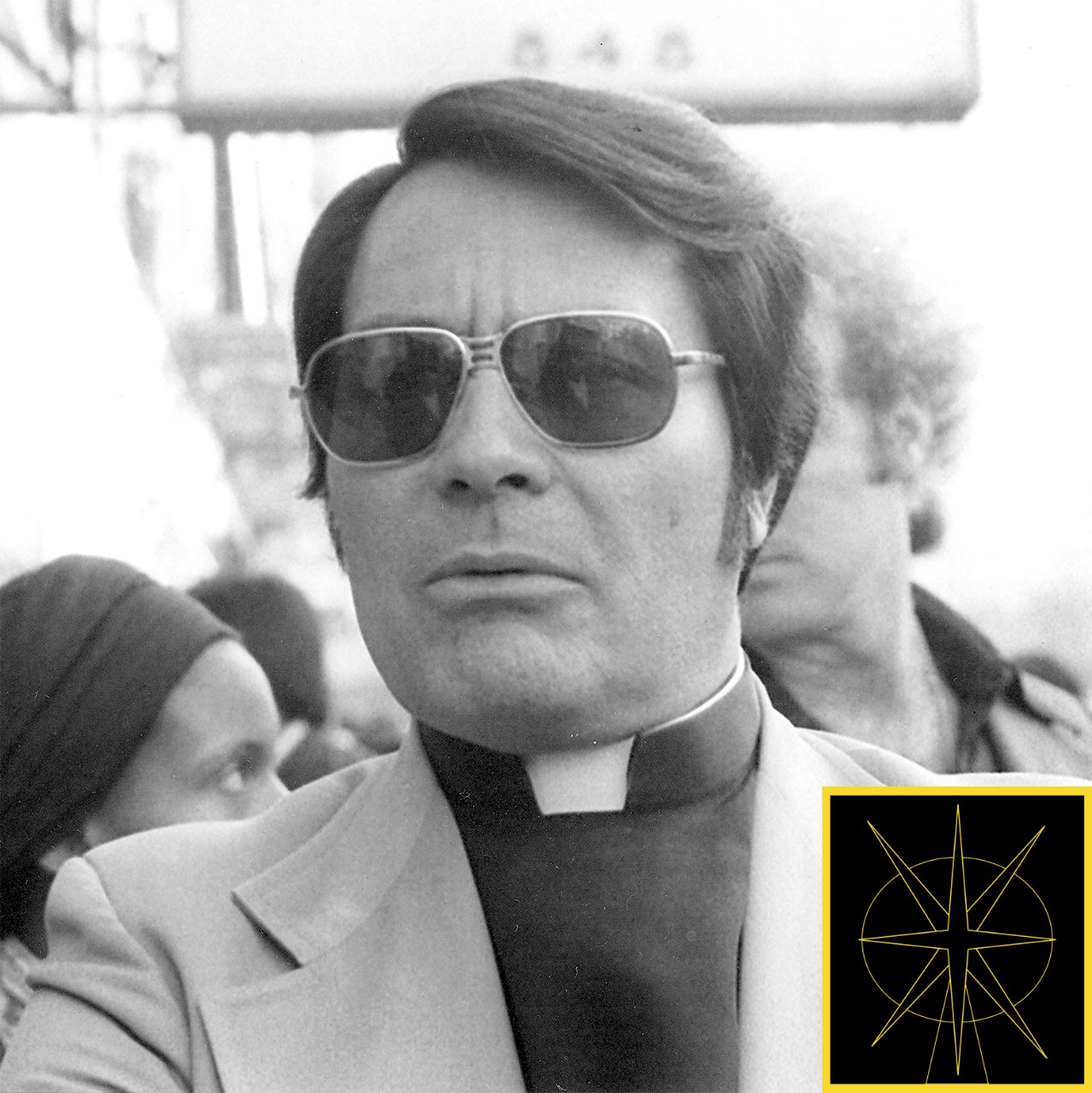 People’s Temple cult leader Jim Jones wearing sunglasses and a clerical collar. In the bottom right corner of the image is a logo of People’s Temple represented by a yellow star in a circle on a black background.