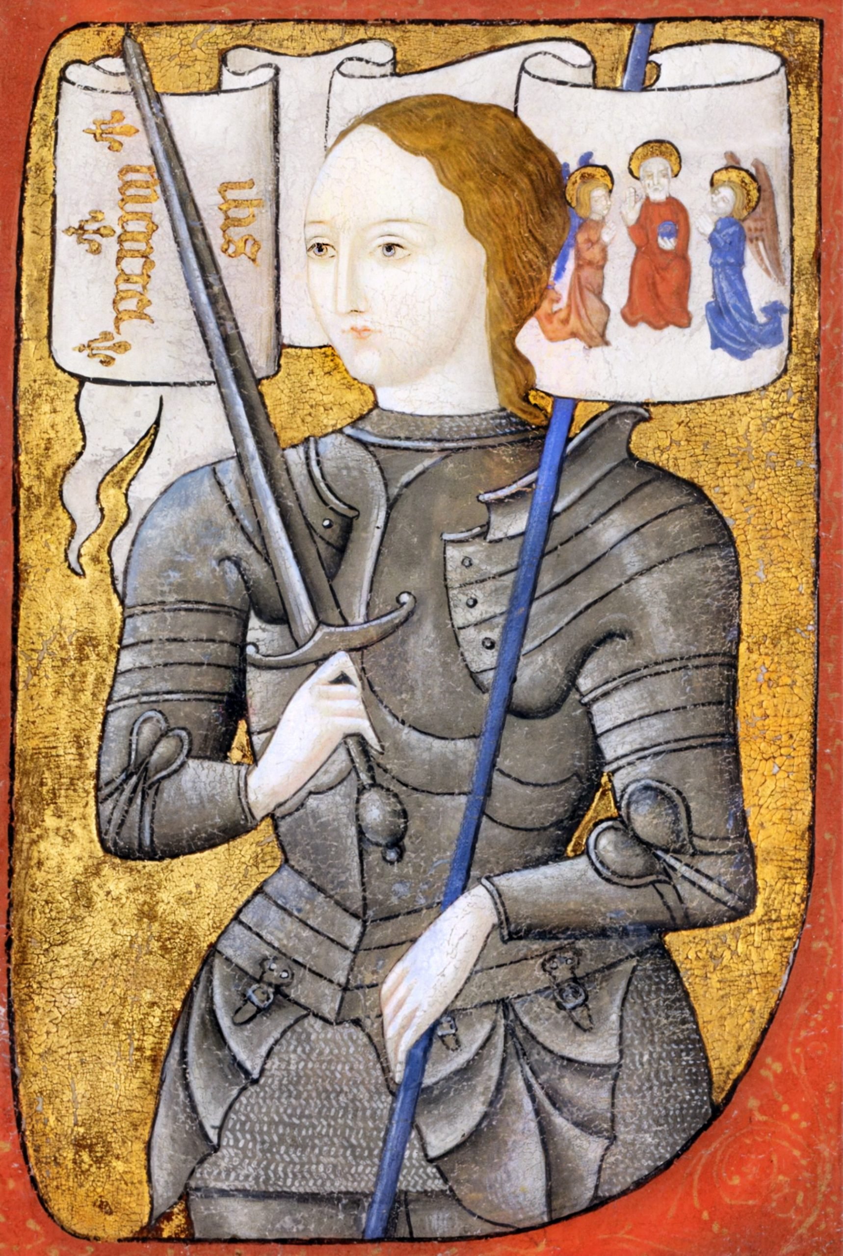 Joan of Arc dressed as a medieval knight in armor holding a lance with a banner. The background is gold with a red border. There are three angels in the top right corner of the image.