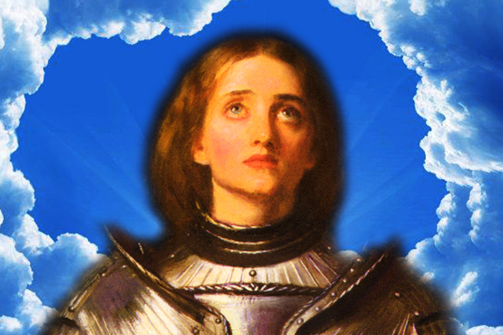 Joan of Arc in armor standing in front of a blue sky with clouds. The clouds form a circle around her head.