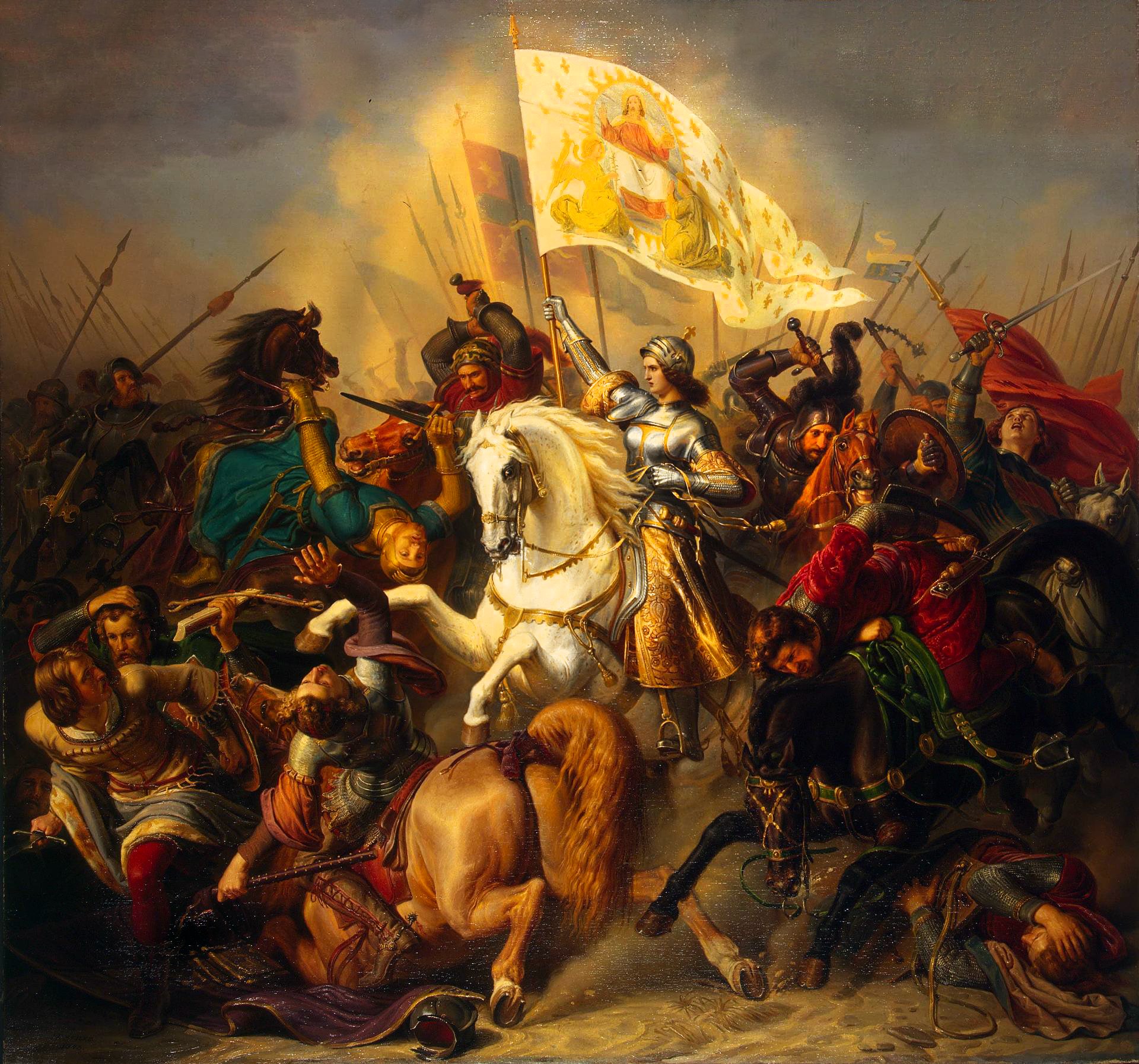 An oil painting of a battle scene with Joan of Arc dressed as a knight on horseback carrying a white flag with a saint on it. She is surrounded by soldiers and horses, some of whom are fighting and some of whom are fallen.