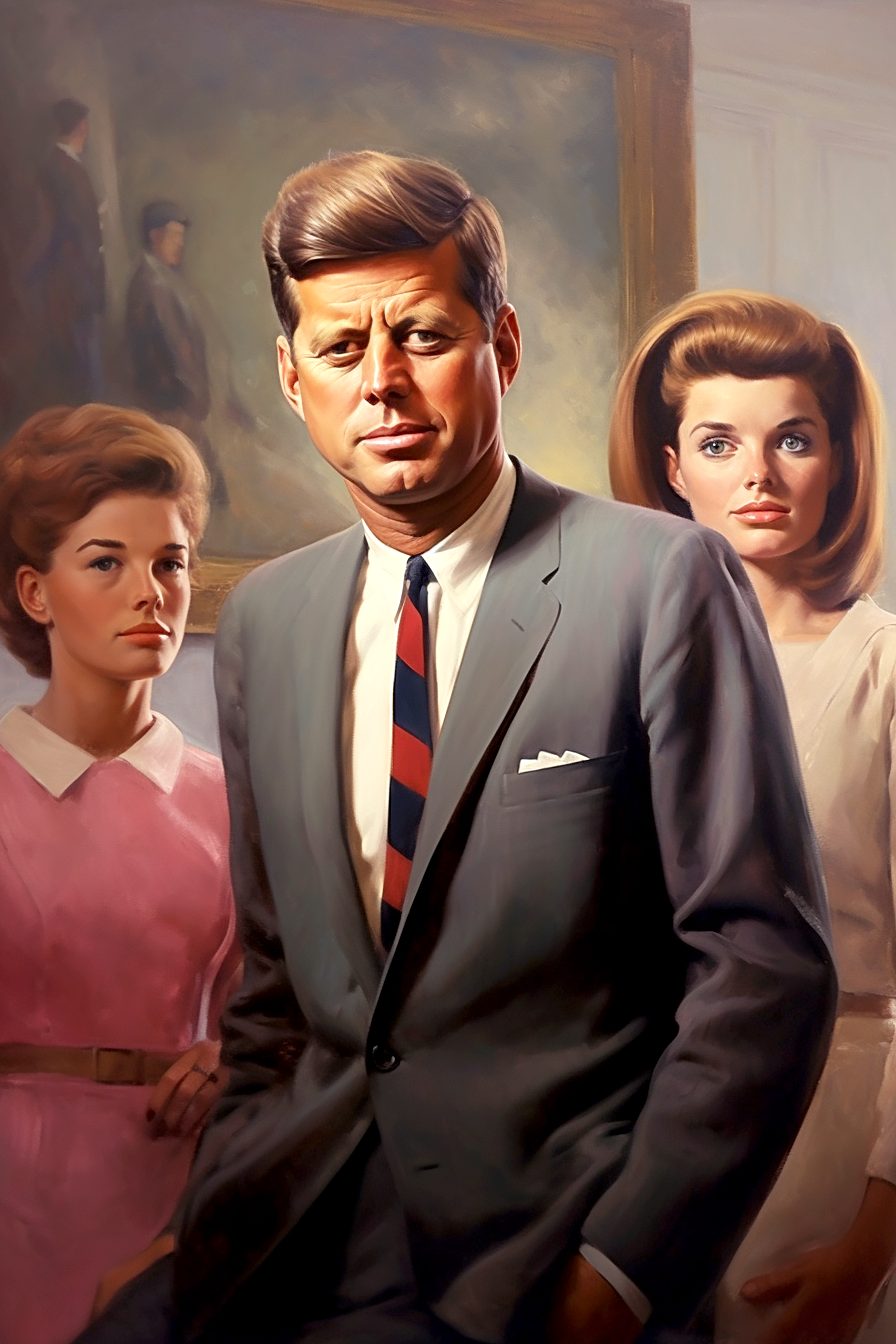 John F. Kennedy and two women stand in a formal pose, smiling for the camera. John wears a gray blazer with a red and black striped tie, while the women are wearing elegant 1960s style dresses.
