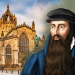 Composite image featuring the detailed facade of St Giles' Cathedral with its intricate gothic spires and stained glass windows on the left, and a close-up portrait of John Knox, depicted with a long beard and wearing a blue robe and black hat, on the right.