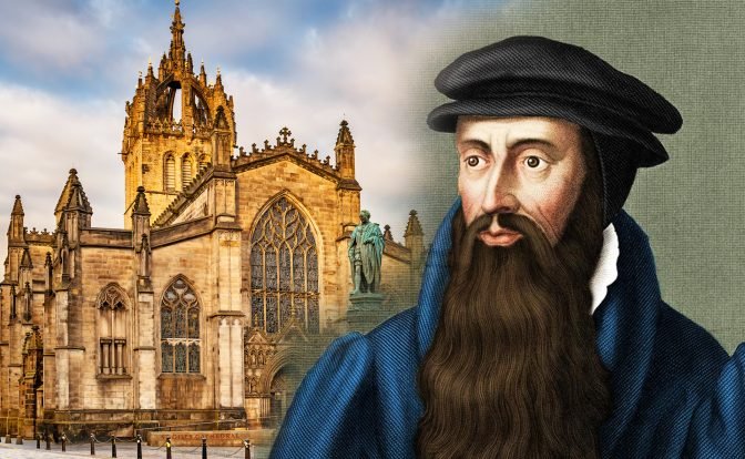 Composite image featuring the detailed facade of St Giles' Cathedral with its intricate gothic spires and stained glass windows on the left, and a close-up portrait of John Knox, depicted with a long beard and wearing a blue robe and black hat, on the right.