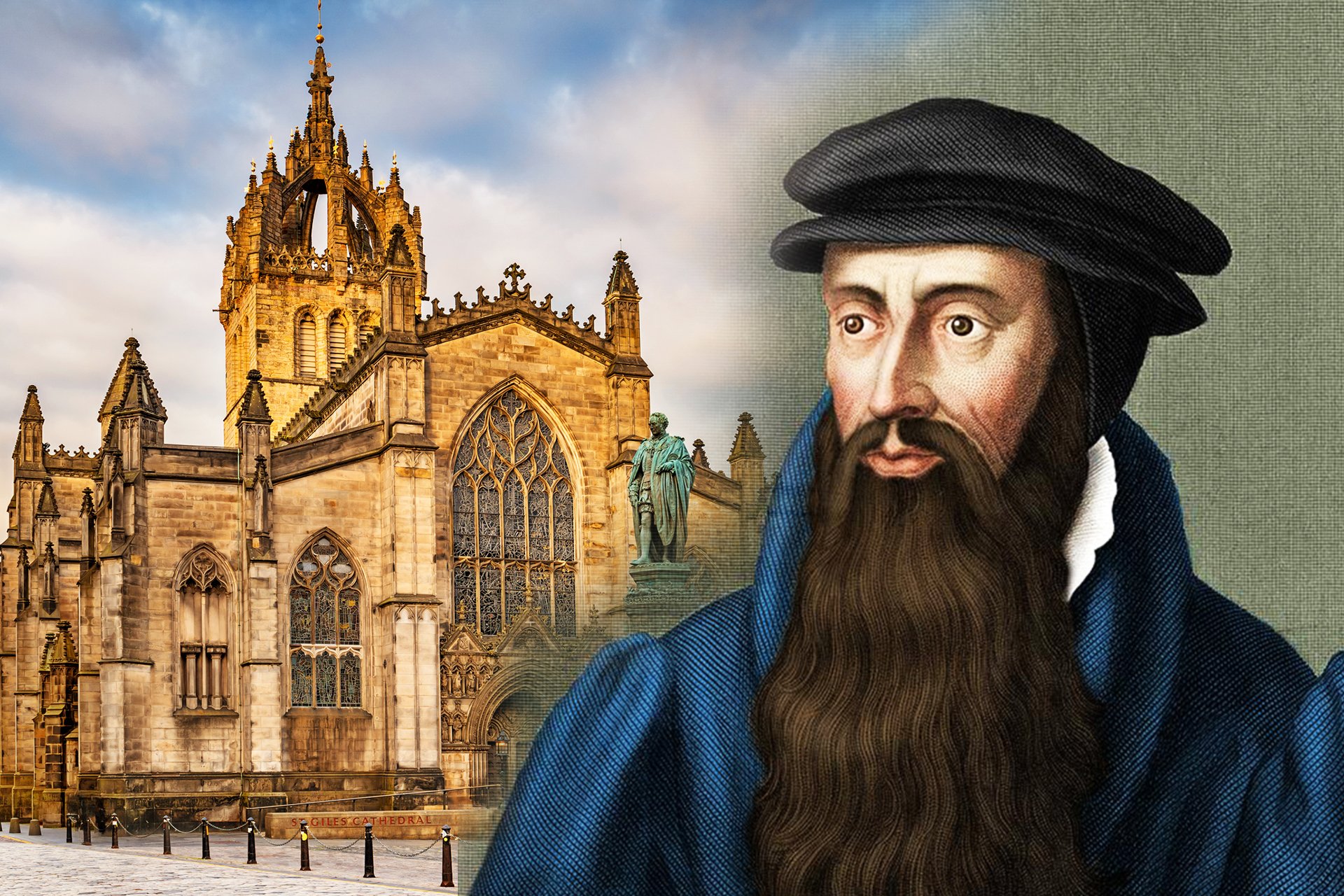 Composite image featuring the detailed facade of St Giles' Cathedral with its intricate gothic spires and stained glass windows on the left, and a close-up portrait of John Knox, depicted with a long beard and wearing a blue robe and black hat, on the right.