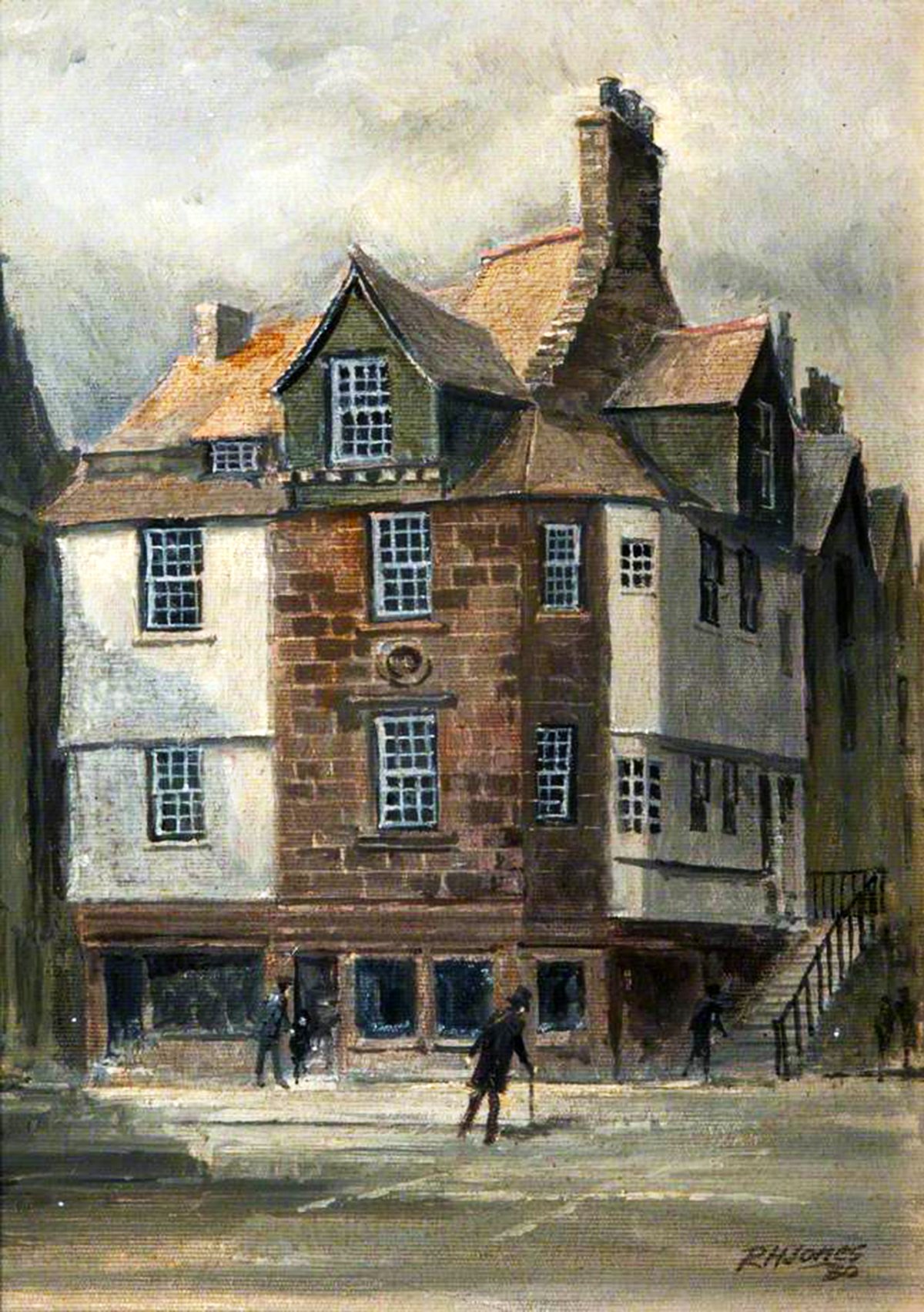 Painting depicting a historic brick building – John Knox House on Edinburgh High Street with a prominent gabled roof and dormer windows. The facade has ornate detailing and a crest-like symbol.