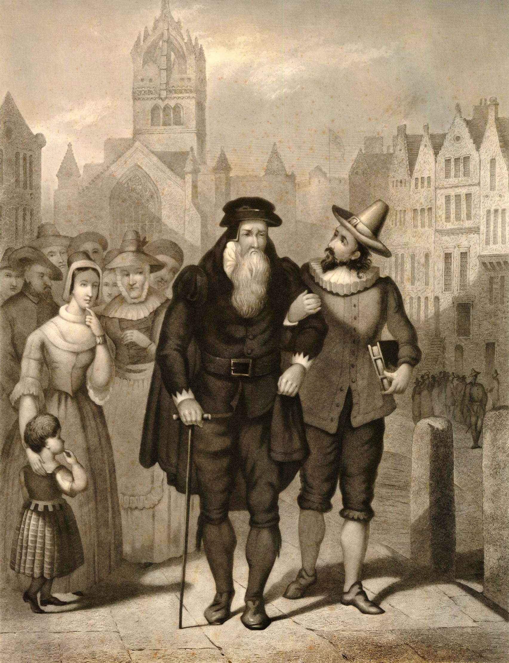 Depiction of John Knox, an elderly bearded figure, walking with the aid of a stick and supported by a younger man on his right. Knox appears to be returning home after delivering his last sermon. A concerned group of men and women look on as they pass. The backdrop showcases a view of Edinburgh, with the city's cathedral prominently featured.