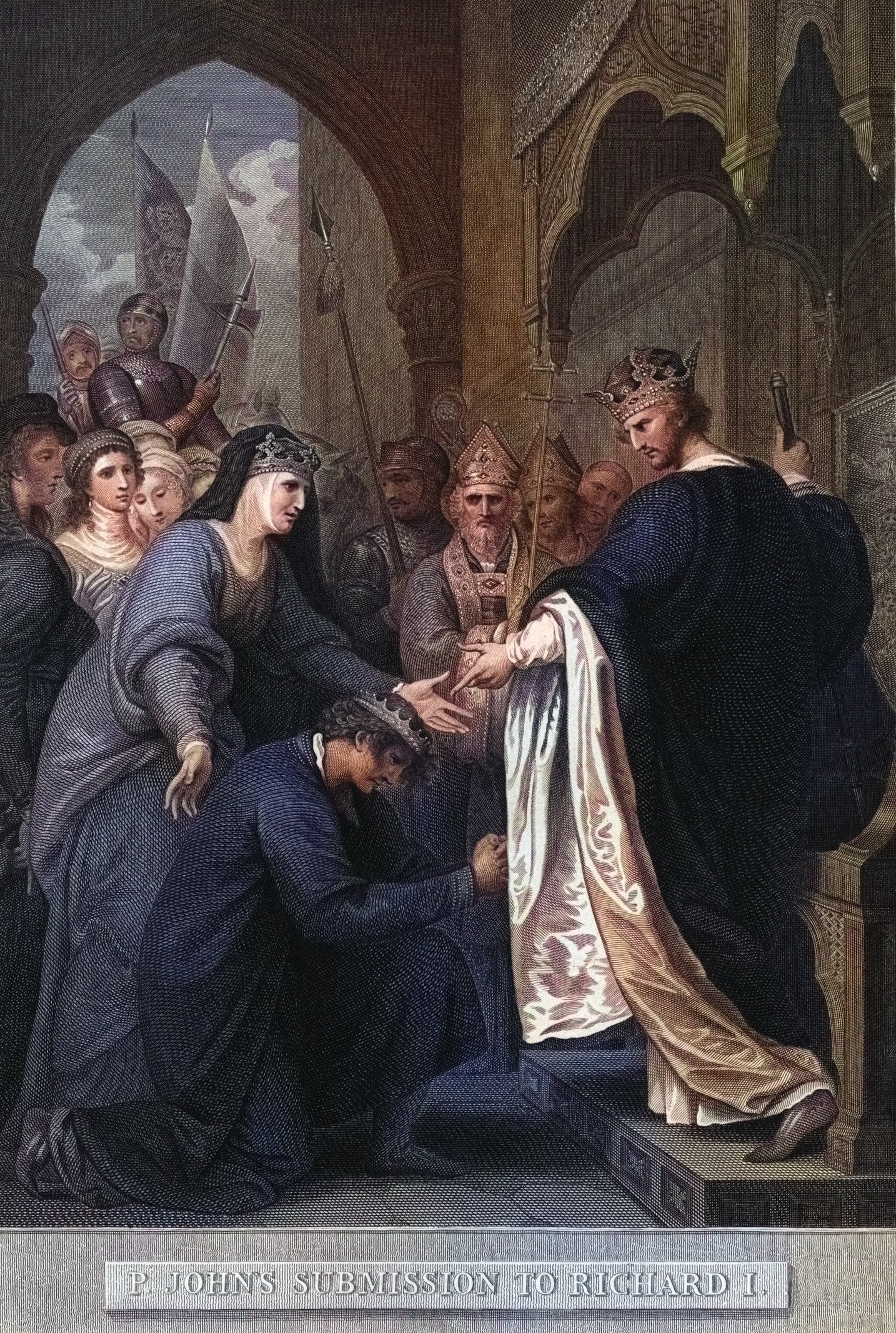 In the 1795 engraving and etching by Benjamin West, Eleanor presents John to his brother, the Prince kneeling in supplication while King Richard I stands at his throne with a stern expression, pointing. Court members, including a prelate, gather before an arch in the background.