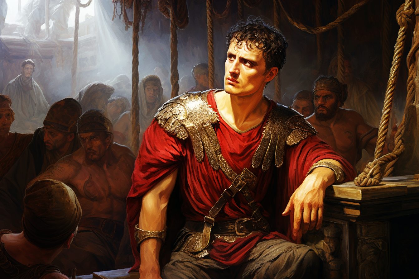 A man is sitting inside of an ancient ship. He is wearing a Roman soldier's outfit. The background is a dark, gloomy setting with many people standing around him.