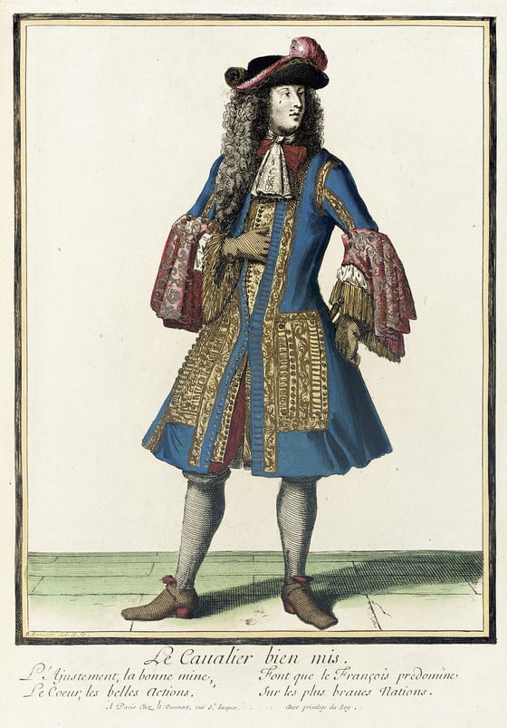 An illustration of a 17th century man wearing a long blue coat with golden patches and silk sleeves.