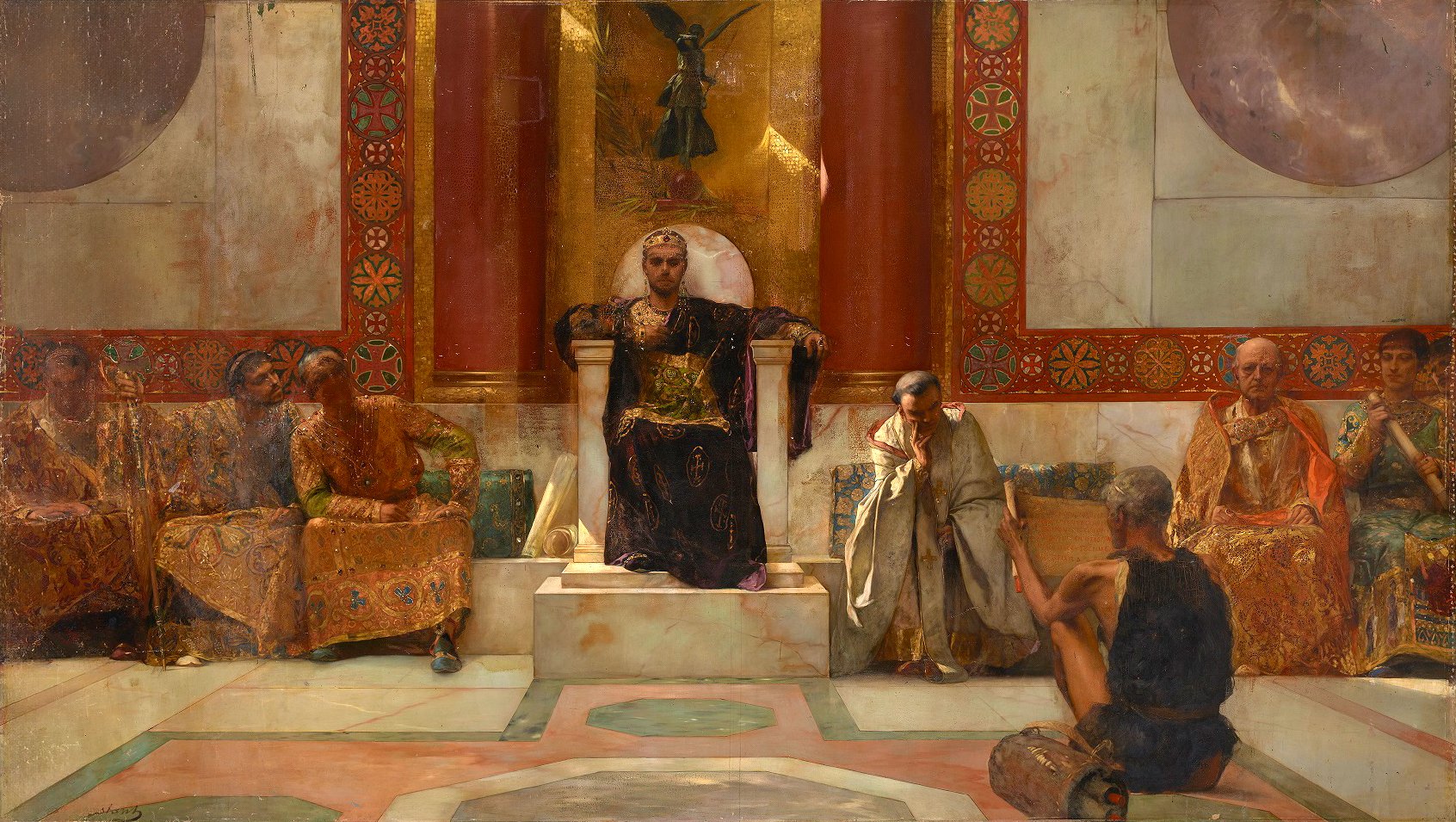 Justinian I sitting on the throne, wearing a crown. Next to him six advisors, three on each side. Another man is sitting on the floor in front of them, reading from a scroll.