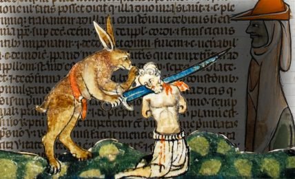 A collage of a Medieval manuscript page and an illumination of a rabbit decapitating a man with a sword.