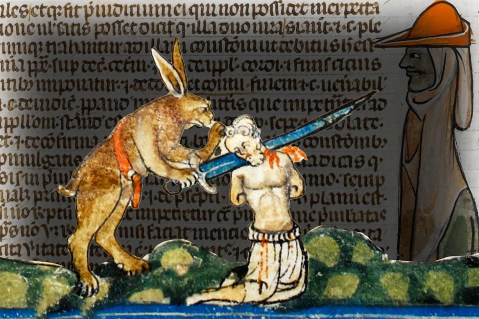 A collage of a Medieval manuscript page and an illumination of a rabbit decapitating a man with a sword.
