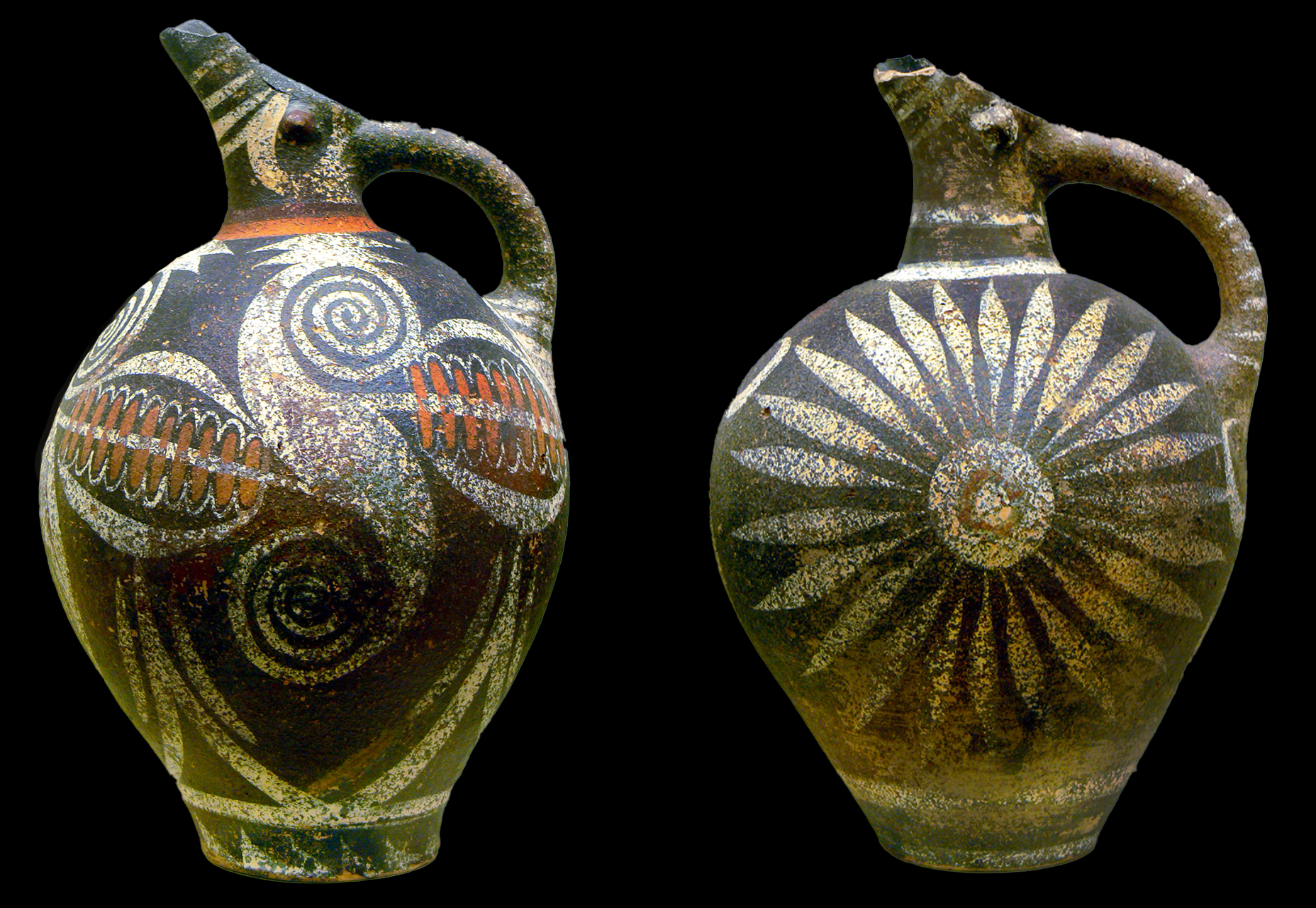 Image of two Kamares ware vases, unique to Minoan culture. These vases feature distinct white designs on a dark background, ranging from sweeping spirals to abstract natural motifs.