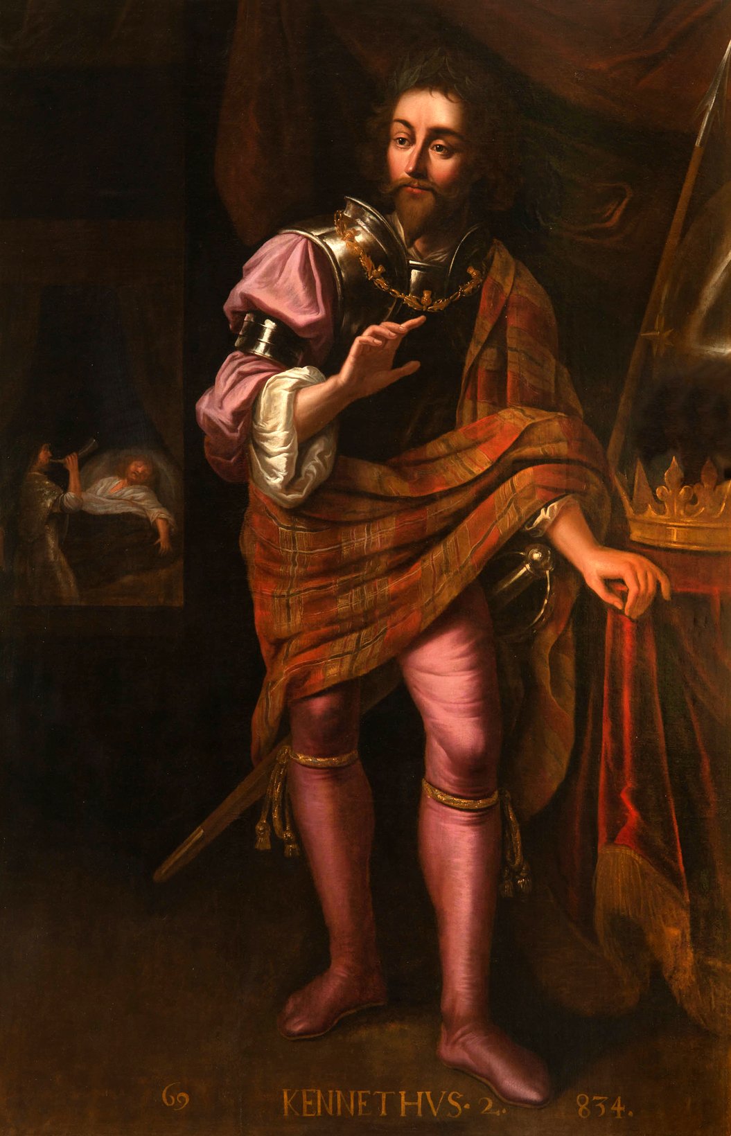 A painting of Kenneth MacAlpin, King of Scotland (843-63). The man is wearing a body plate and a tartan. His golden crown lays on the table next to him. The background is dark and there is a red curtain on the right side of the painting. There is a small group of people in the background on the left side of the painting. The painting is signed “KENNETHVS. 2. 834.” in the bottom right corner.