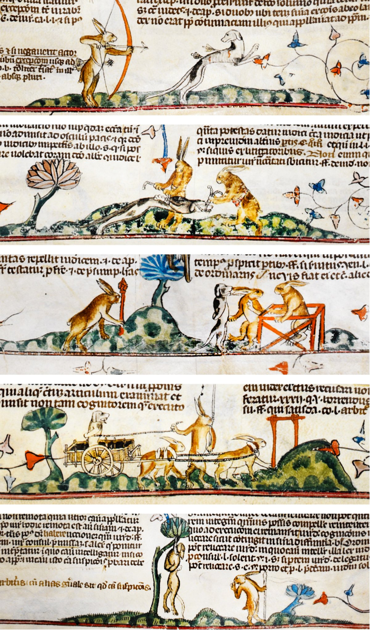 Five panels of a medieval manuscript with illustrations and text. The panels show giant rabbits taking revenge on a dog. The rabbits shoot arrows at the dog’s back, tie him up, and drag him to a court. They find him guilty and hang him on a tree.