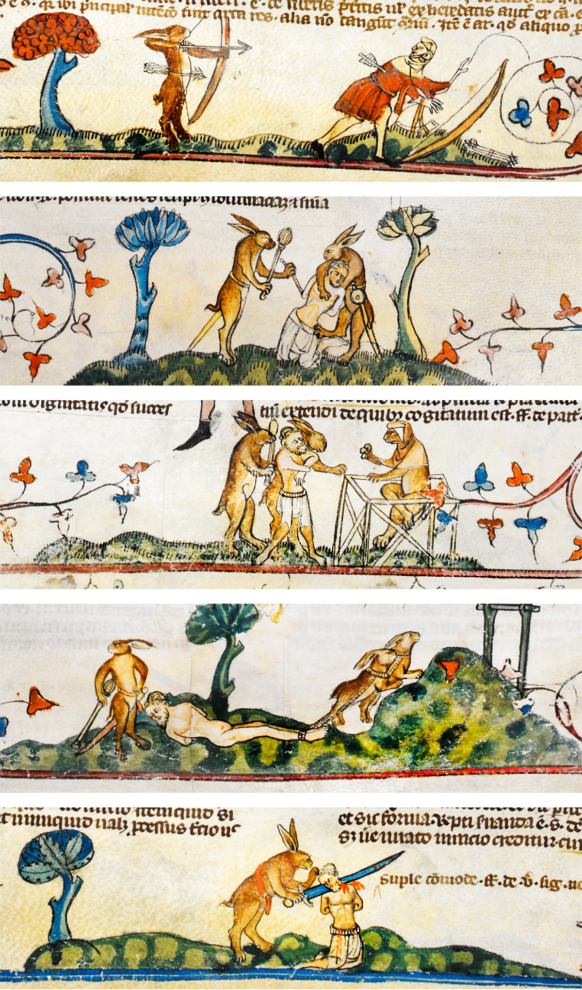 Five panels of a medieval manuscript with illustrations and text. The panels show giant rabbits taking revenge on a human hunter. The rabbits shoot arrows at the hunter’s back, tie him up, and drag him to a court. They find him guilty and chop his head off with a sword.