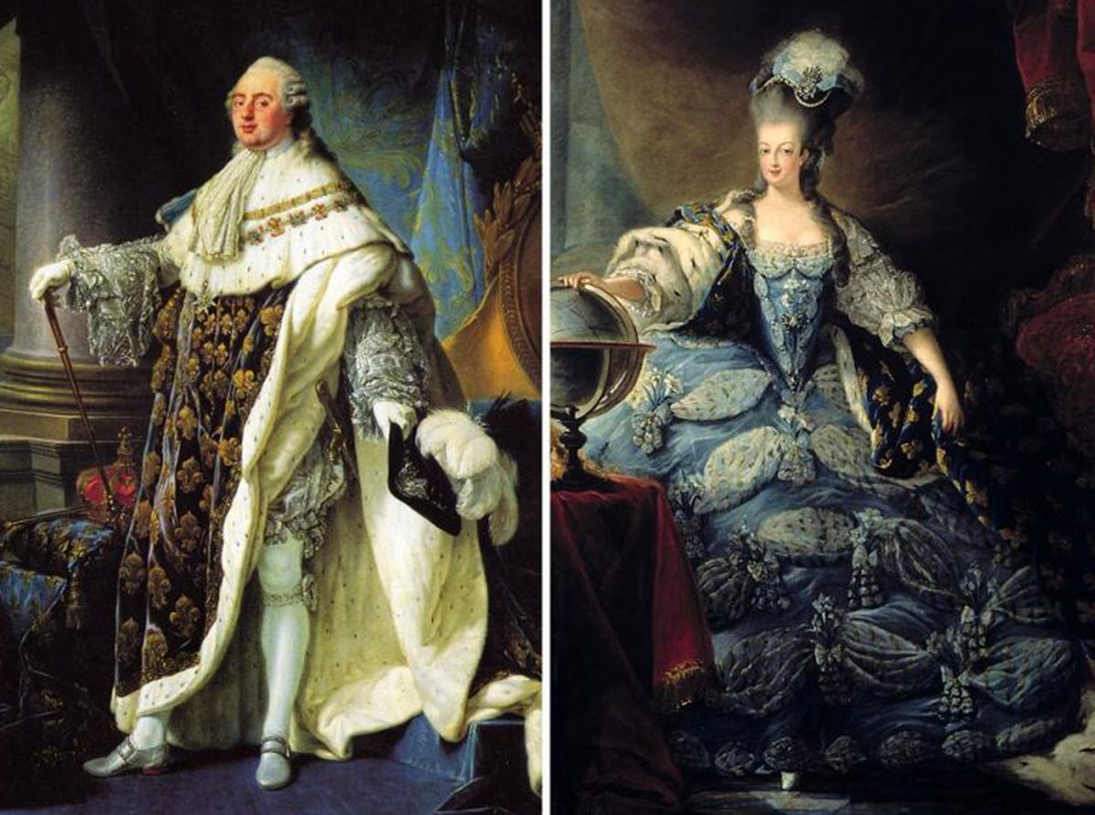 The painting on the left shows King Louis XVI in a formal dress with a long coat and a cape, and a white wig on his head. The painting on the right shows Queen Marie Antoinette in a similar dress, but with a an elegant hair piece and long, flowing hair.