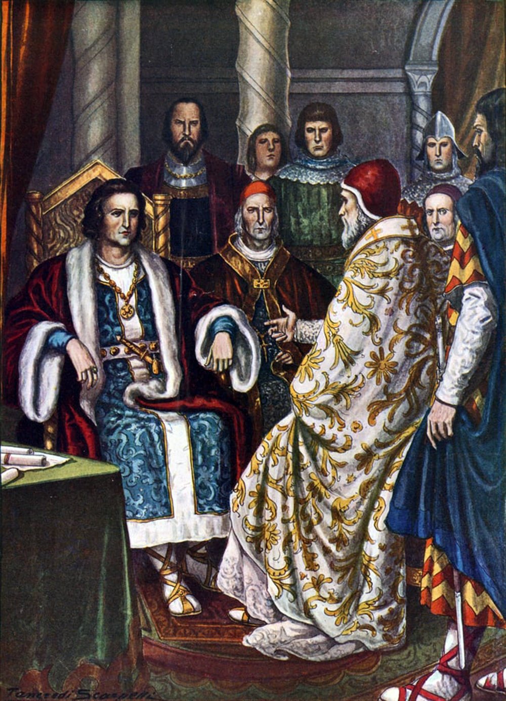 An illustration of King Pepin the Short in conversation with Pope Stephen II. The Pope and King are surrounded by nobles and knights. Every character depicted is wearing elaborate medieval clothing.