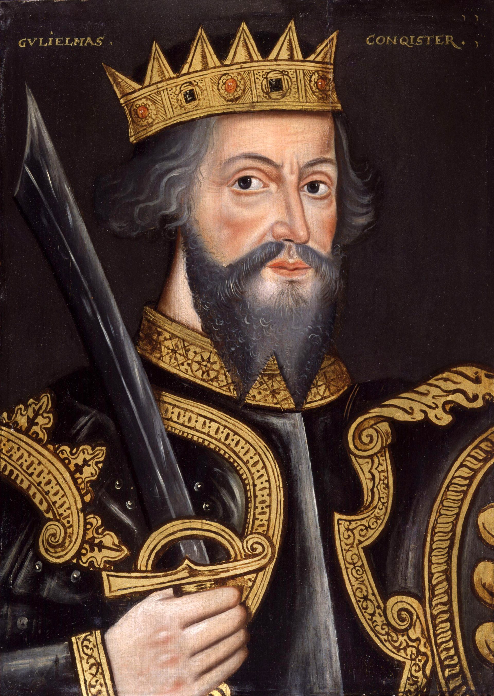 A portrait of a medieval king King William I The Conqueror, wearing a gold crown and a black robe, holding a sword and a shield.