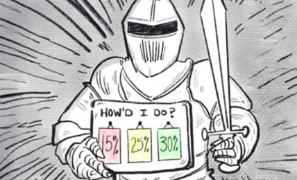 A meme image featuring a knight in armor holding up a tablet asking How Did I Do? and asking for a percentage based tip for his services.