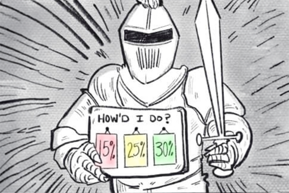 A meme image featuring a knight in armor holding up a tablet asking How Did I Do? and asking for a percentage based tip for his services.