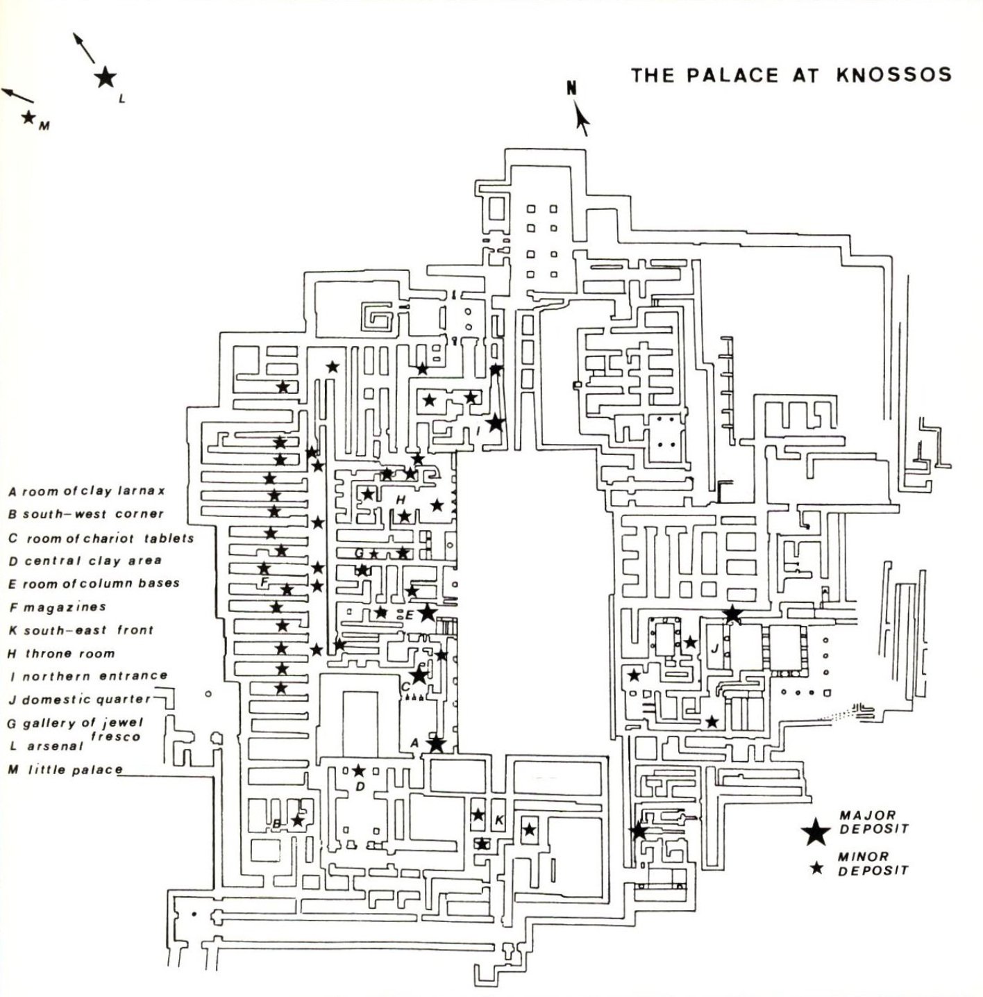 A floor plan of the Palace at Knossos, a Minoan archaeological site in Crete. The plan shows the layout of various rooms and locations of major and minor deposits of artifacts. The plan is labeled with letters and numbers.
