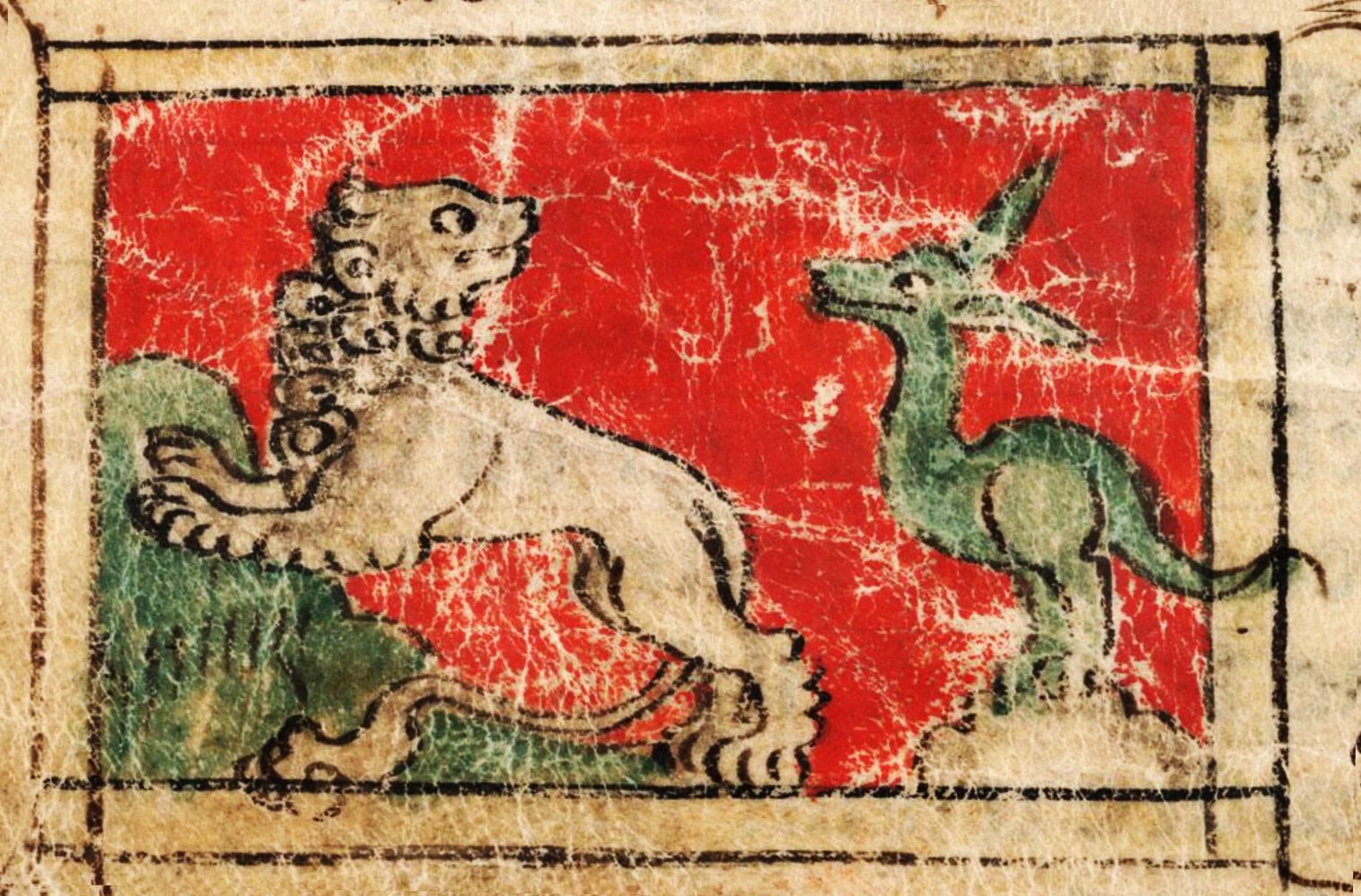 An image from a medieval bestiary book depicting a lion and a small dinosaur-like creature call a leontophone chasing it.