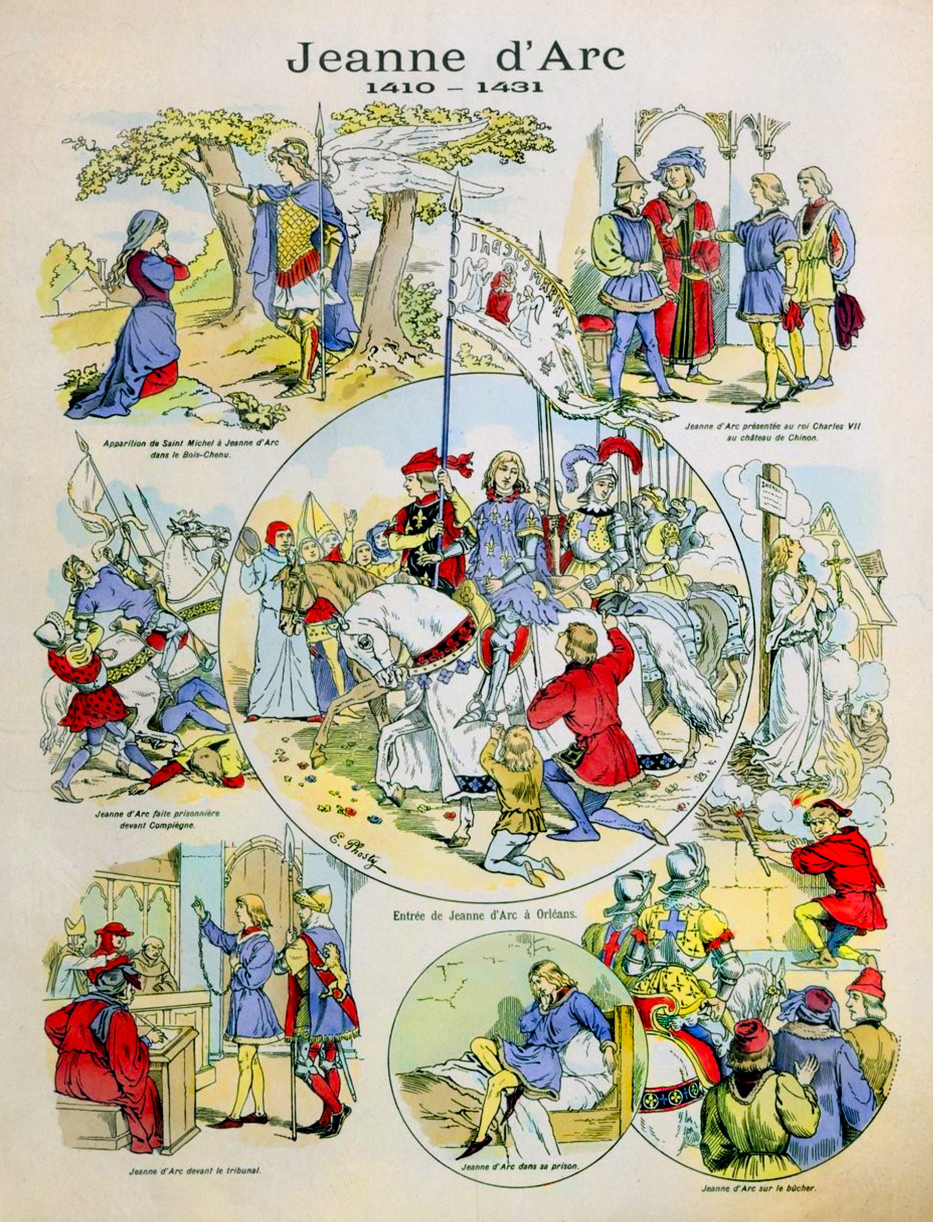 An illustrated poster of the life of Joan of Arc, a French heroine and saint. The poster is divided into multiple panels, each depicting a different scene from her life. The center panel shows Joan of Arc on horseback, leading an army into battle. The other panels show her as a young girl, receiving a vision from Saint Michael, being presented to the king Charles VII, entering Orleans, and being burned at the stake. The poster is titled “Jeanne d’Arc 1410-1431” at the top.