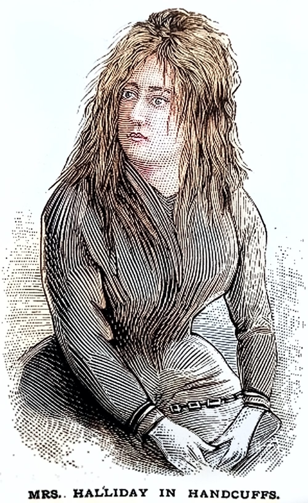 This is an illustration of a woman in handcuffs, she is wearing a long dress. Her hair is long and uncombed.