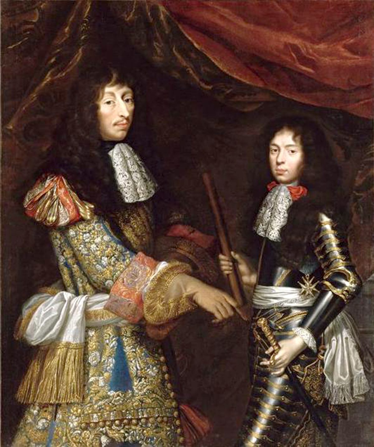 A portrait of Louis II de Bourbon Condé and his son Henri-Jules, they are wearing clothing with gold elements.