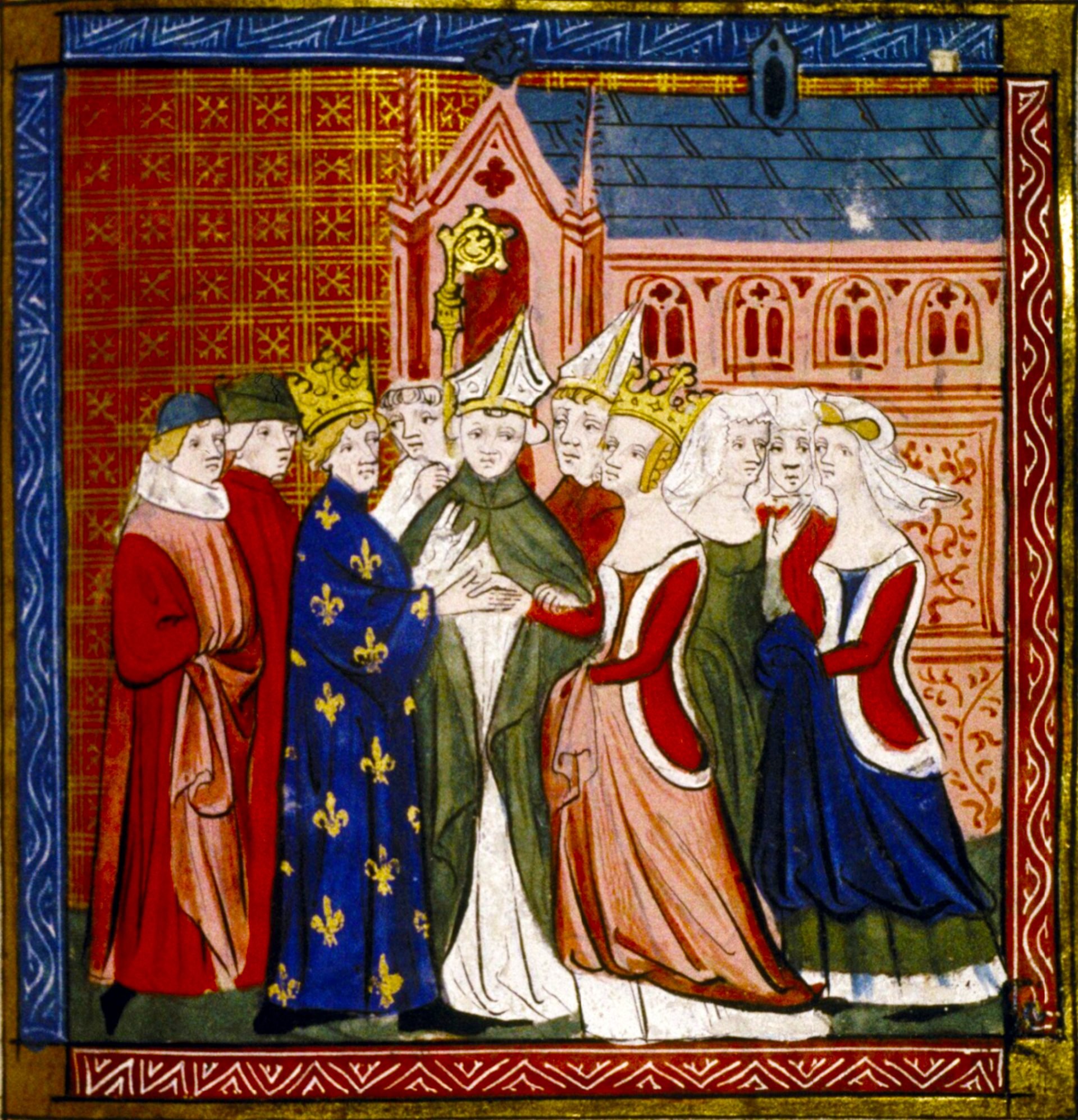 A medieval manuscript illustration of the marriage ceremony of Eleanor of Aquitaine and Louis VII of France. Ten figures stand in front of a red brick church with a blue roof. They wear long robes in various colors. The background is a red and gold patterned design.