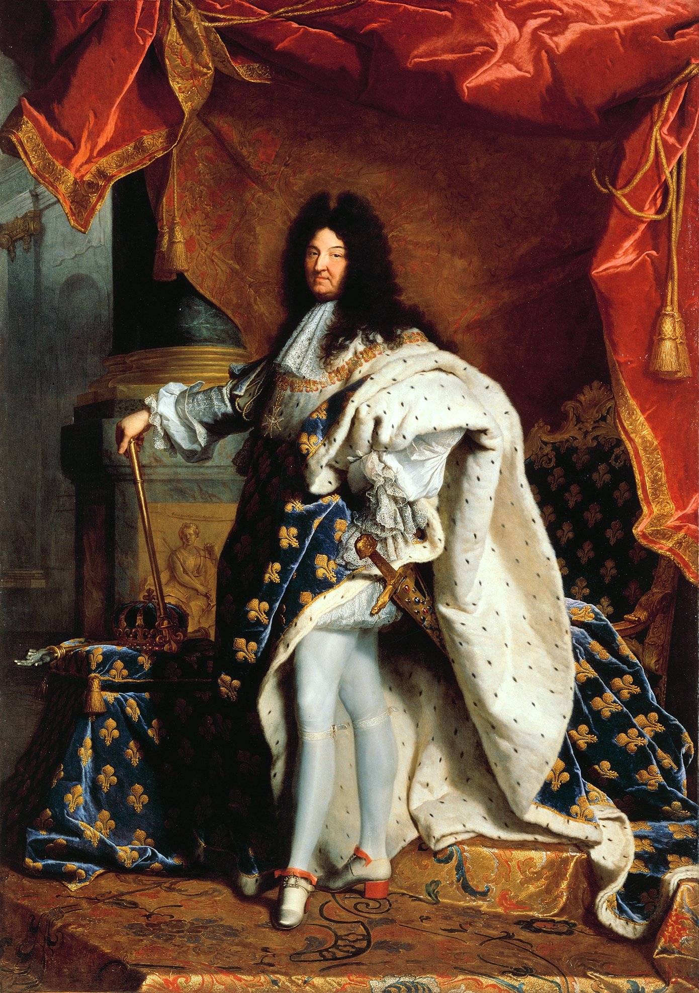 A portrait featuring king Louis XIV, he is dressed in a long blue fur coat covered in fleur-de-lis symbols and white stockings.