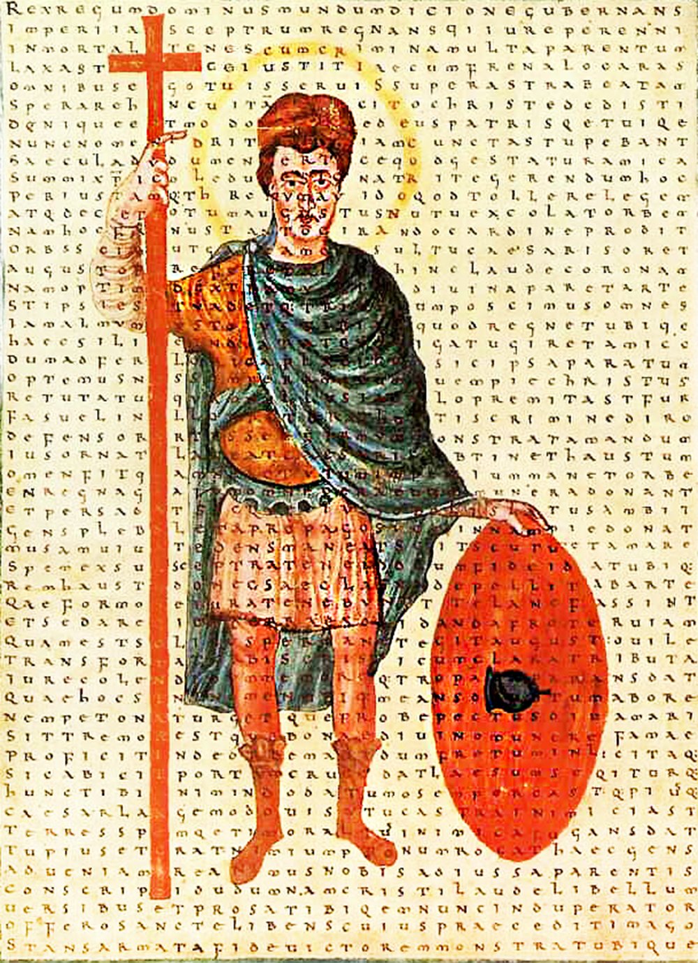 An image of a medieval manuscript illustration of Louis the Pious. He is wearing a red cloak and is holding a cross and a shield.
