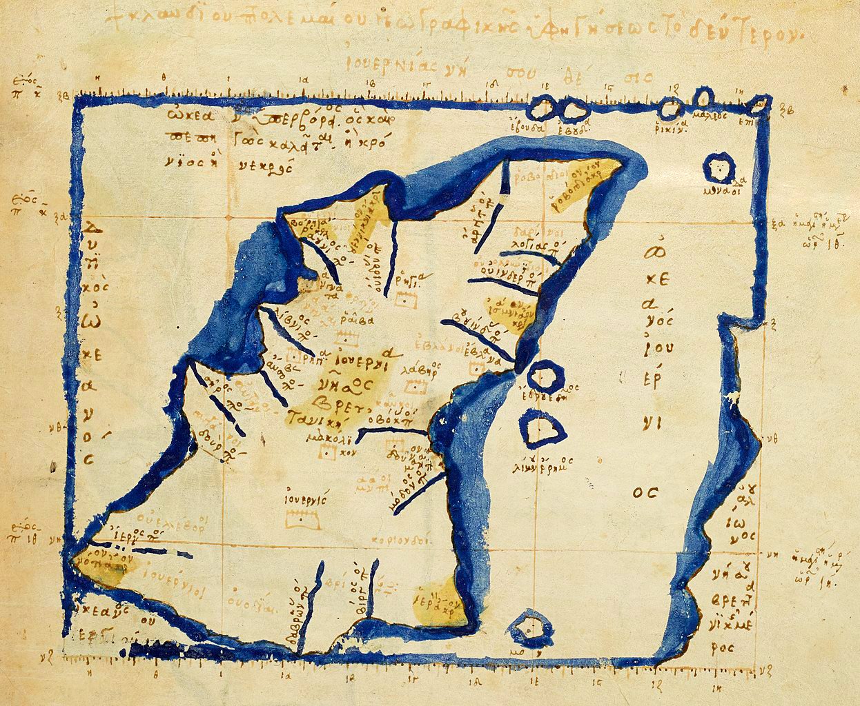 A 1420 image showcasing the westernmost section of an early European map from a Greek manuscript based on Ptolemy's Geography, highlighting Ireland, referred to as Ivernia Island.
