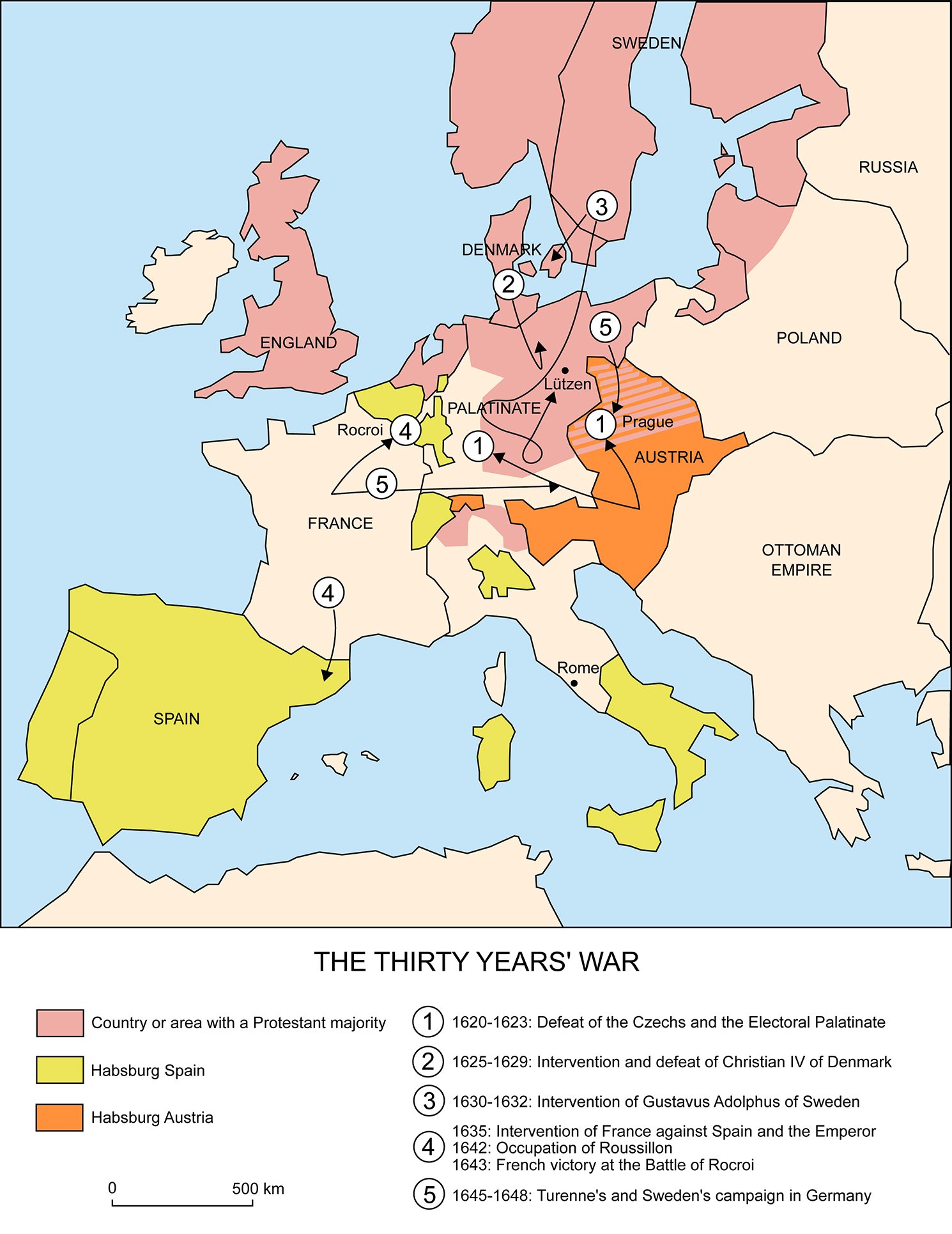 A map of Europe during the Thirty Years’ War, showing the different countries and their allegiances. The map is color-coded and labeled with numbers that correspond to a key at the bottom. The map also shows the locations and dates of major battles and interventions that occurred during the war. The title of the map is “THE THIRTY YEARS’ WAR” and the map has a scale of 500 km.