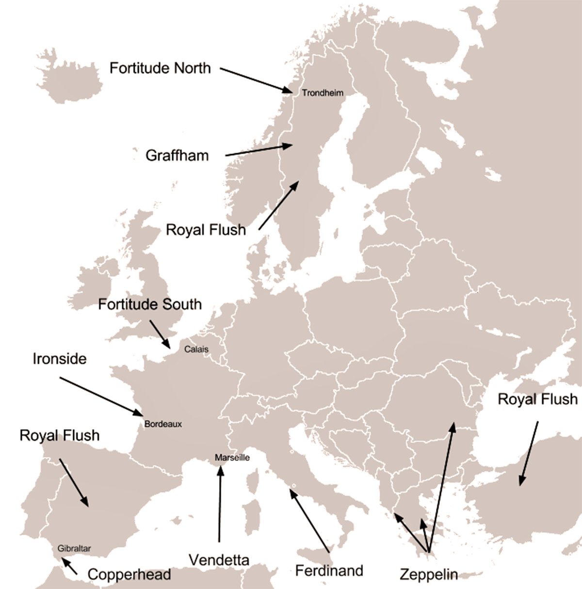 A map of Europe with black arrows pointing to different locations and labels such as “Fortitude North”, “Royal Flush”, and “Copperhead”. The map is in a light beige color. The map is a reference to military operations or manoeuvres on the D-Day invasion of Normandy.