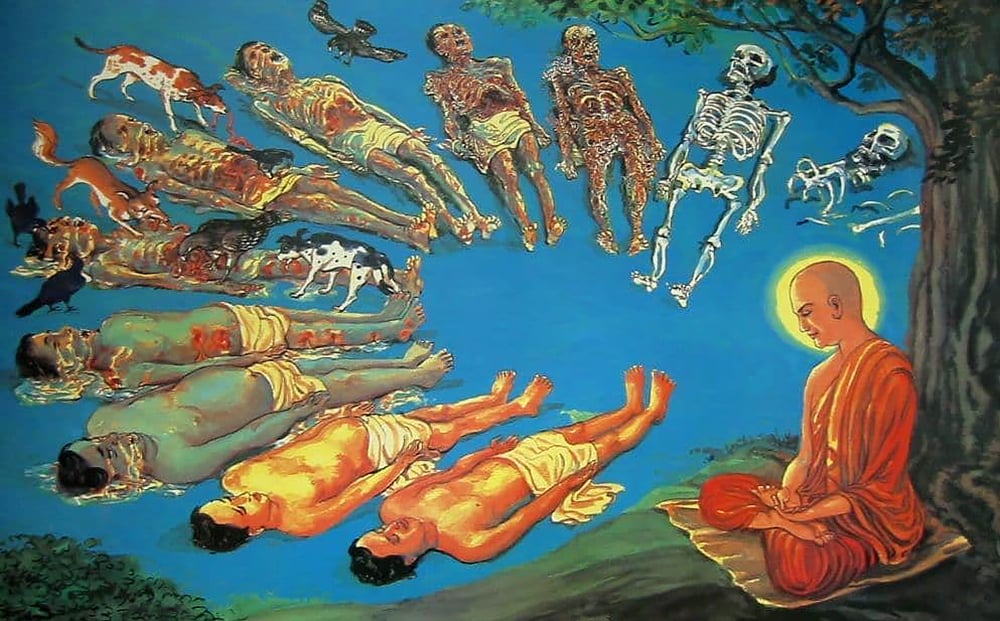 Visual representation of the Buddhist meditative practice, maranasati, emphasizing mindfulness of death and the impermanence of life.