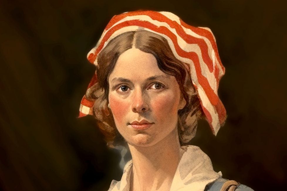 A painting of a woman with an American flag draped over her head.