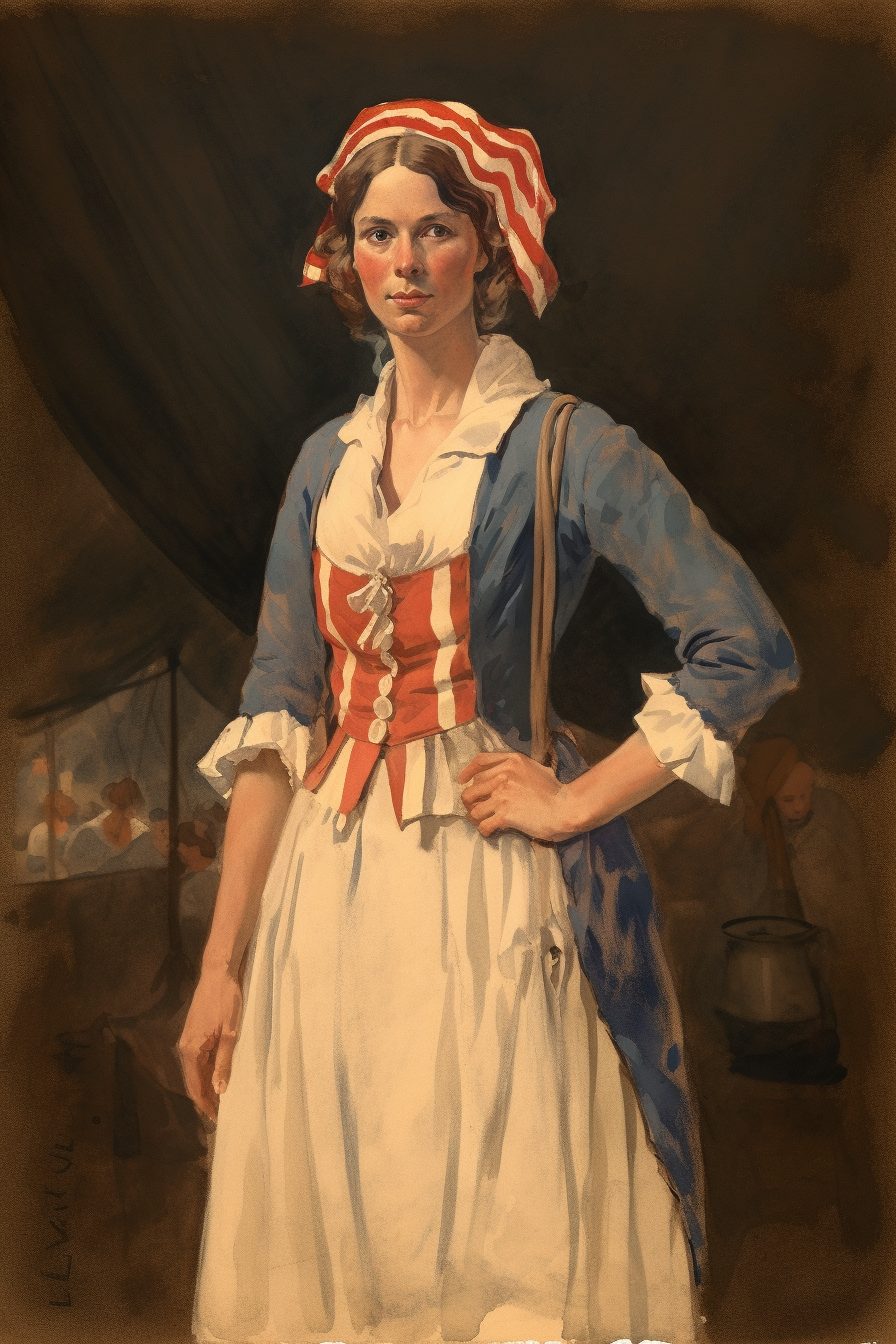 An illustration of a woman in a revolutionary war era, American patriot red, white and blue dress.