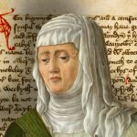 A collage of a medieval manuscript page from The Book of Margery Kempe and a portrait of a woman with her hair covered by a white cloth. The manuscript has a red initial letter and a Gothic script.