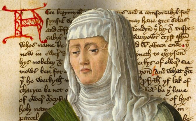 A collage of a medieval manuscript page from The Book of Margery Kempe and a portrait of a woman with her hair covered by a white cloth. The manuscript has a red initial letter and a Gothic script.