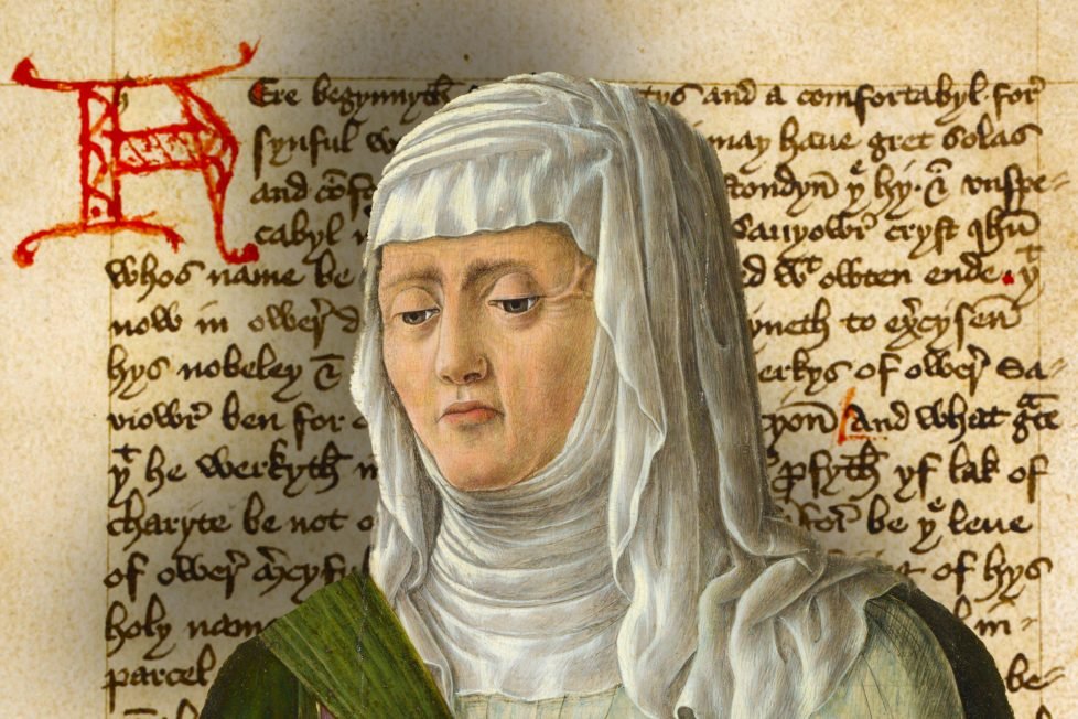 A collage of a medieval manuscript page from The Book of Margery Kempe and a portrait of a woman with her hair covered by a white cloth. The manuscript has a red initial letter and a Gothic script.