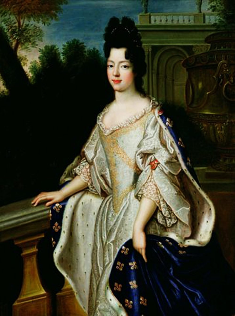 A portrait of a woman dressed in a very elaborate 17th century dress and a blue fur cape covered in fleur-de-lys symbols.