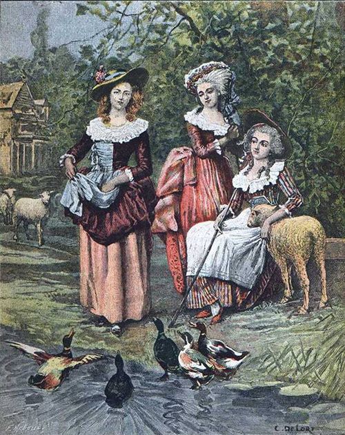This illustration depicts three women wearing traditional clothing standing in front of a small pond with a couple of ducks swimming around. The women are smiling and holding their arms out to the ducks, seemingly offering them food. The image is painted in a traditional style with pastel colors and an overall peaceful and relaxing atmosphere.