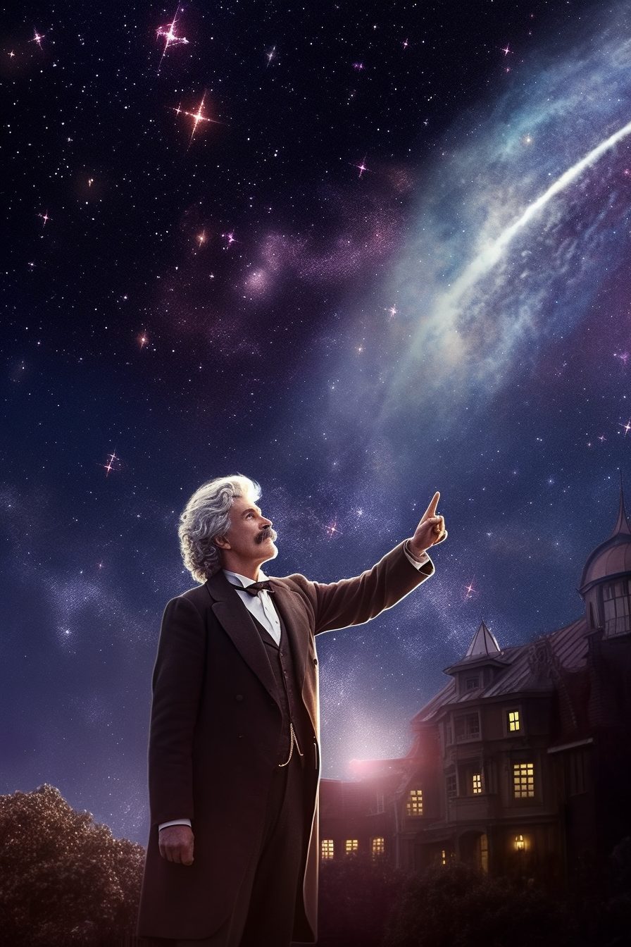 An illustration of mark twain looking up at the sky and pointing toward Halley's Comet, which is visible with its long bright tail.