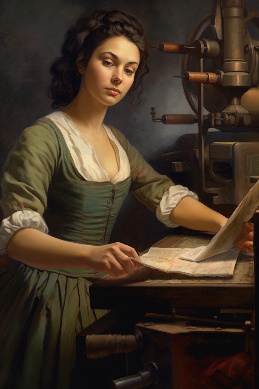 An illustration of a woman at a work table, looking at a piece of paper, a printing press is seen in the background.