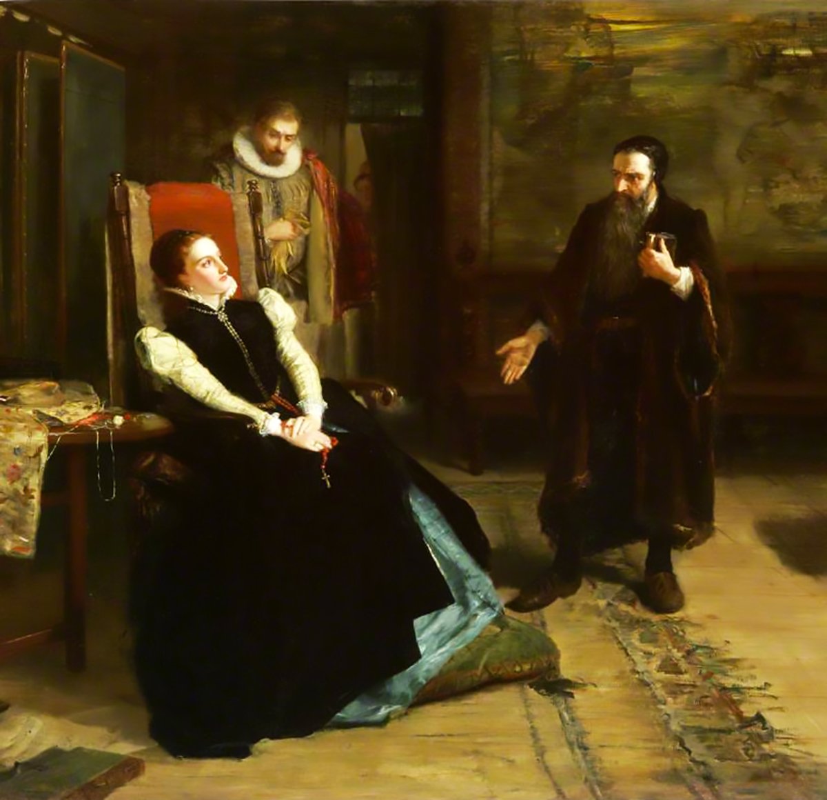 Painting depicting an intense indoor scene with Mary, Queen of Scots, seated in a lavish chair. She wears a regal gown with a white bodice, black skirt, and blue lining, her expression focused and slightly wary. To her right stands John Knox, a bearded man with an earnest and animated posture, wearing dark robes and engaging in animated discourse. Behind Mary, another dignified man in a ruffed collar and red cloak observes the interaction.