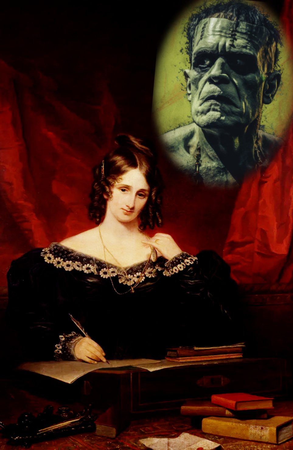 Mary Shelley sitting at a desk and writing, Frankenstein's monster appears in a thought bubble above her.